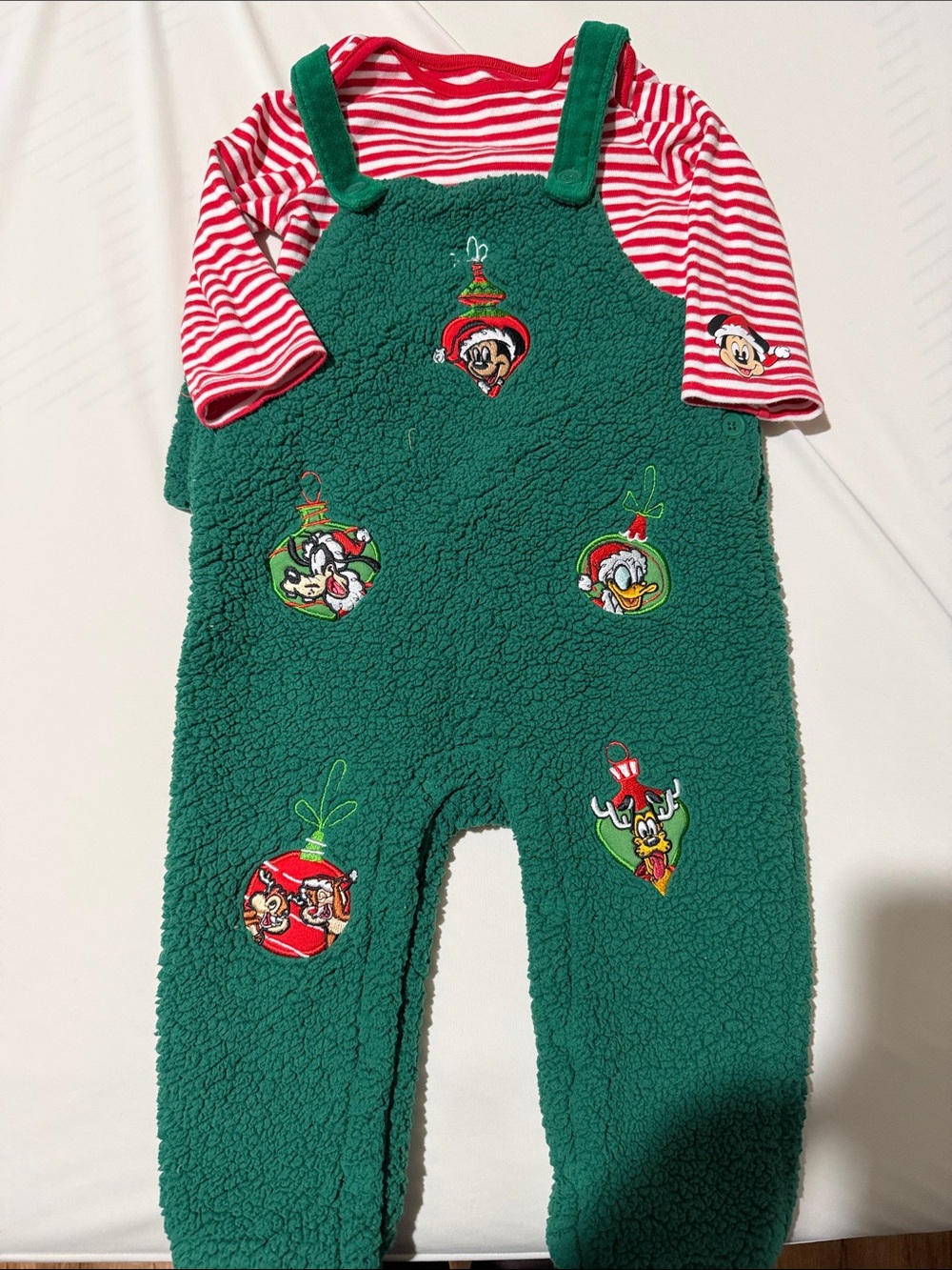 Disney Green Fleece Holiday Set with Red-White Striped Top